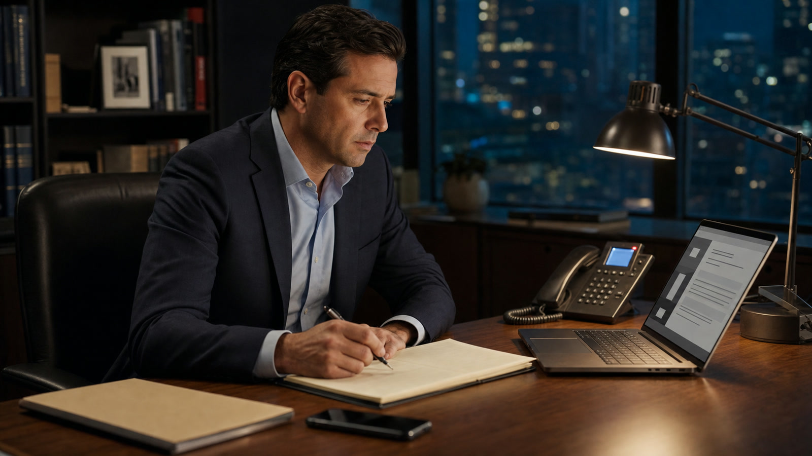 A criminal defense attorney reviews an urgent evening enquiry in a city law office
