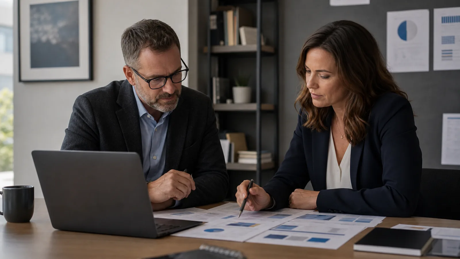 A law firm owner and marketing strategist reviewing a campaign plan together