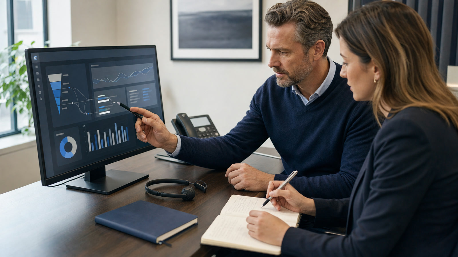 A law firm operations manager and marketing analyst trace enquiries through an outcome dashboard
