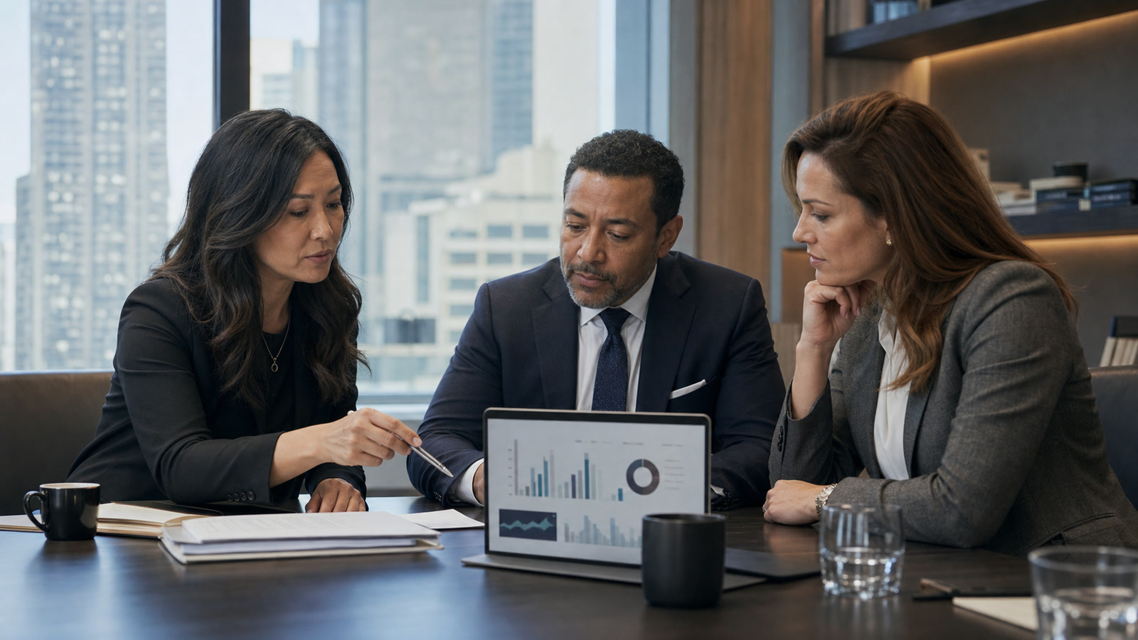Three legal and marketing professionals review campaign performance around a law office conference table