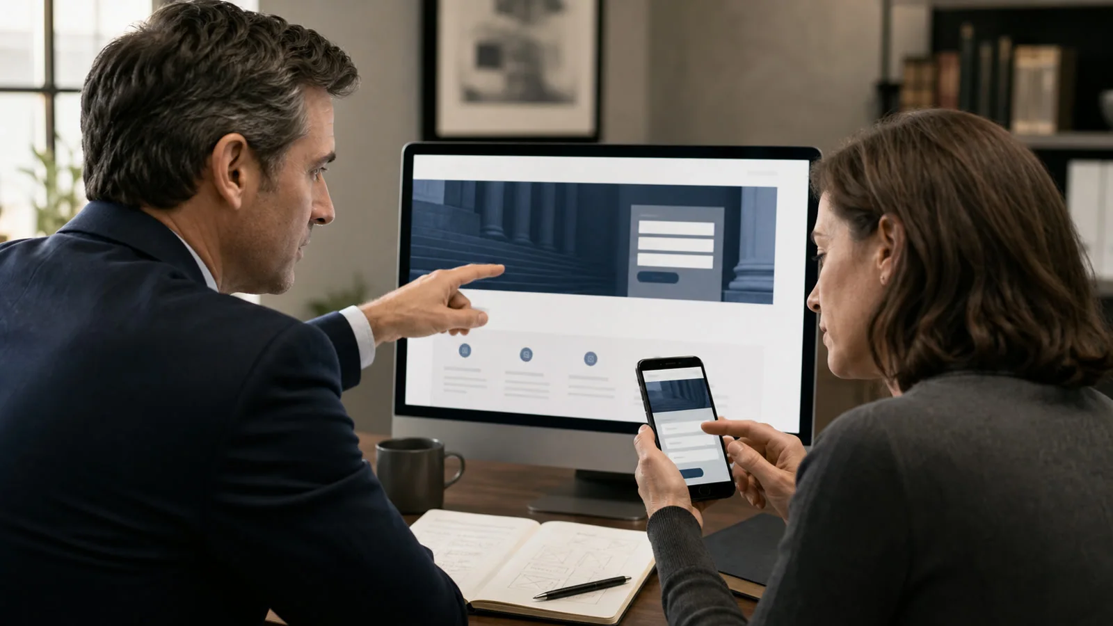 A law firm team reviewing a service page on desktop and mobile