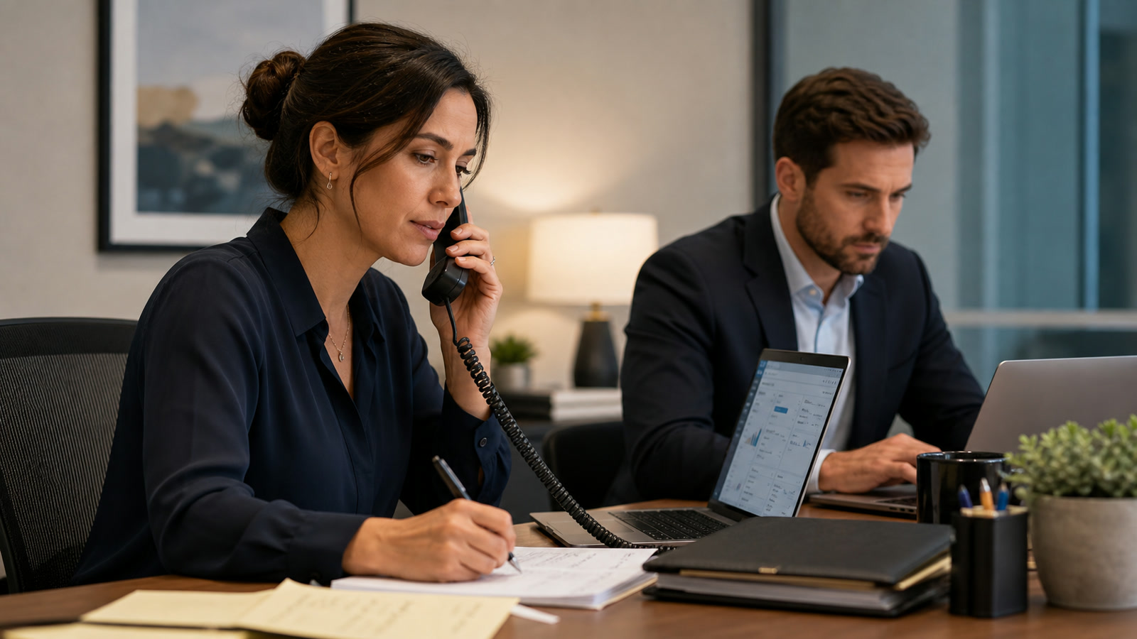 A law firm intake coordinator handles a phone enquiry while an attorney reviews the intake source