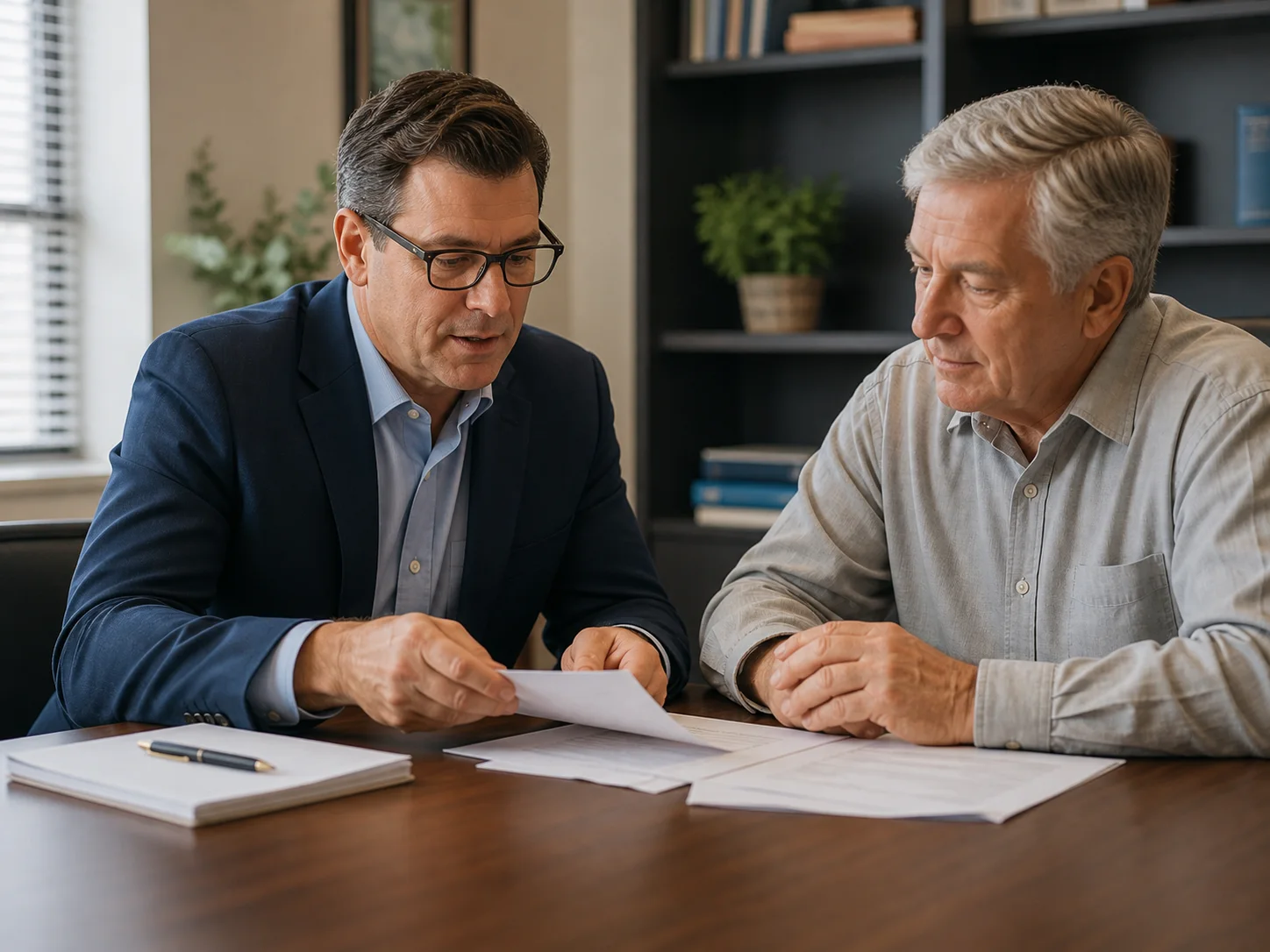 Social Security disability attorney reviewing benefit appeal documents with an older client
