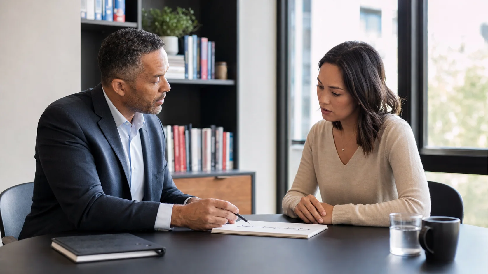 An employment lawyer reviewing a workplace timeline with a client