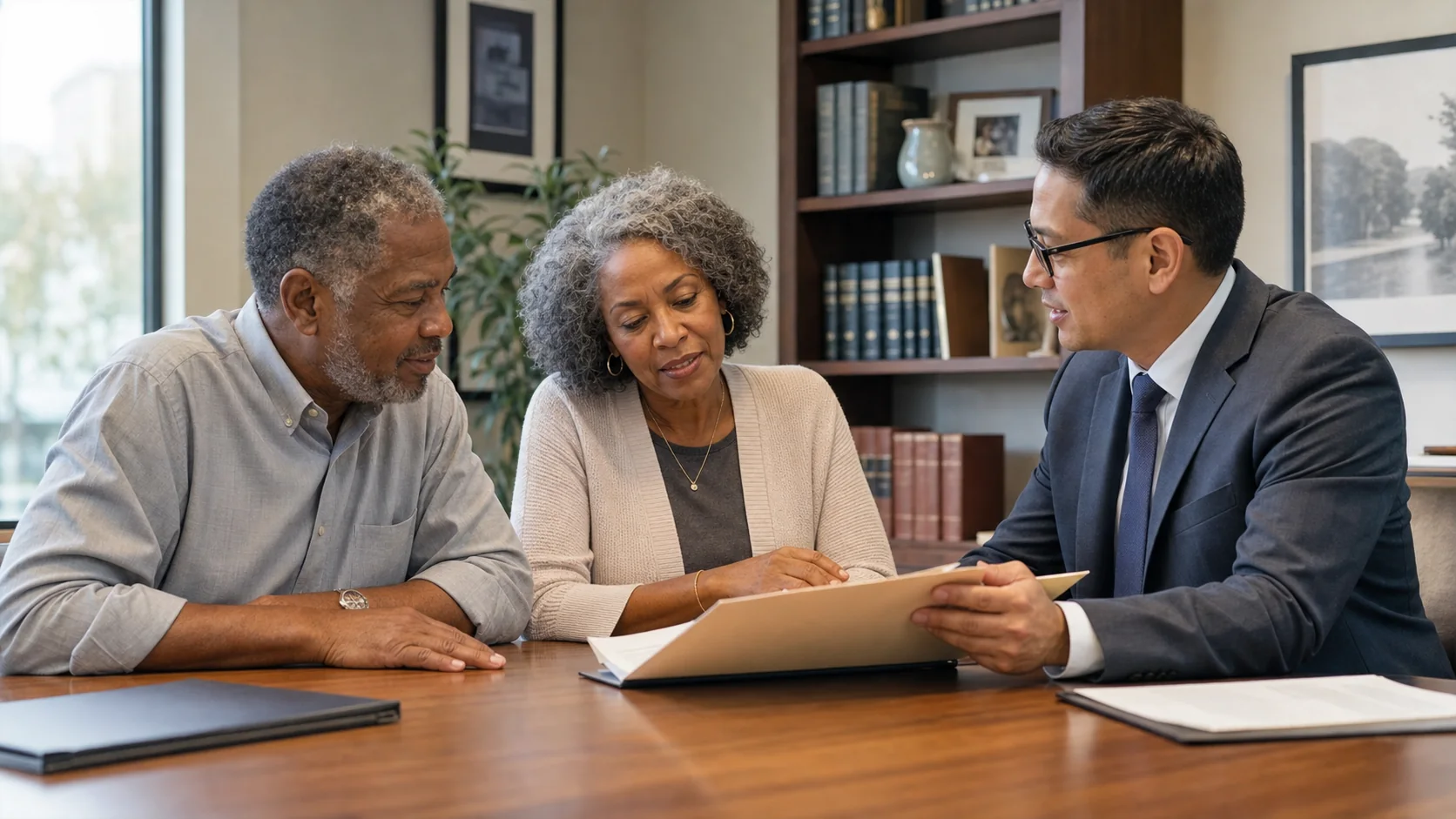 An older couple reviewing estate planning documents with a lawyer